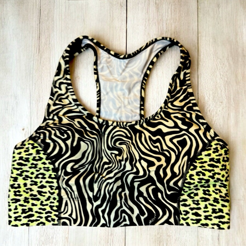 Fabletics On-The-Go Medium Impact Sports Bra Neon Cheetah Zebra Print size XL